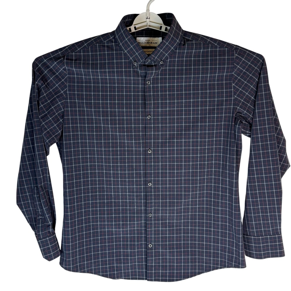 Mizzen + Main Leeward Navy Red Windowpane Performance Shirt Mens Large L-10017 - Picture 2 of 8